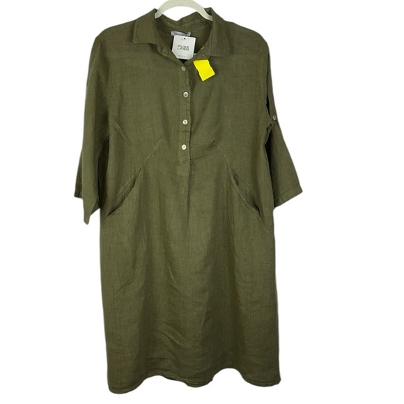 Elena Baldi Dresses & Skirts - NWT Elena Baldi dress midi linen pockets roll tab sleeves Army Green Sz L
